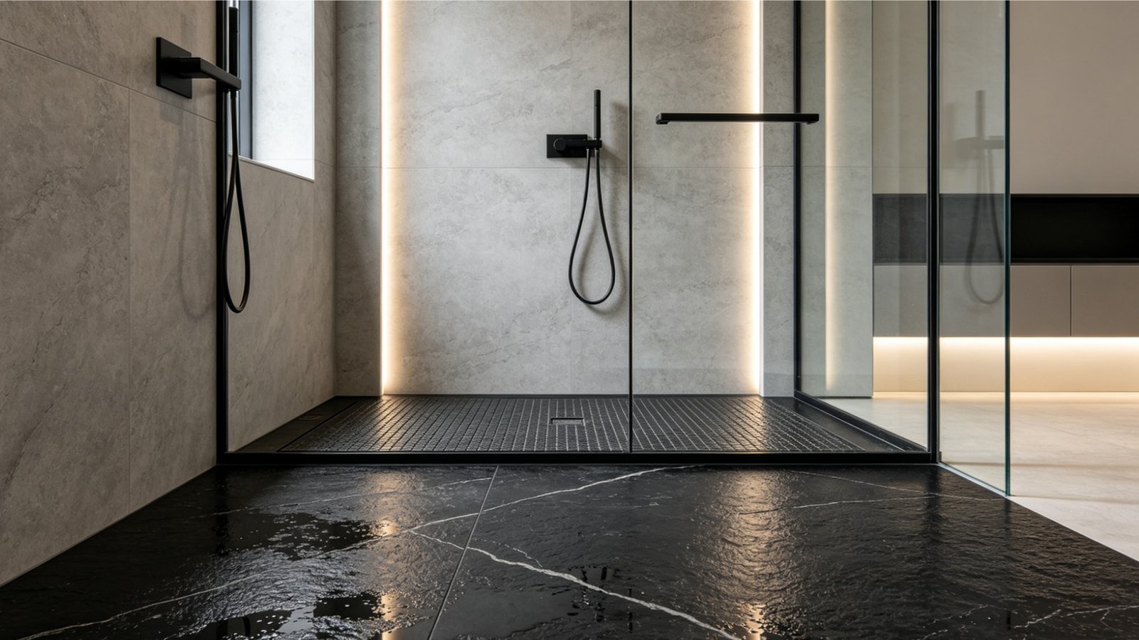Luxury black porcelain tile bathroom installation with matte slip resistant finish
