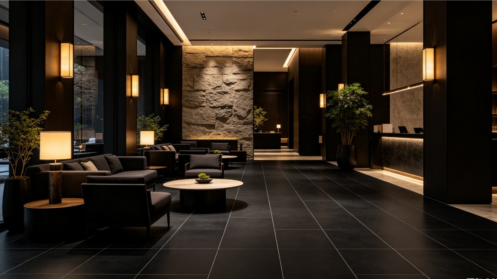 Polished black porcelain tiles installed in commercial lobby floor