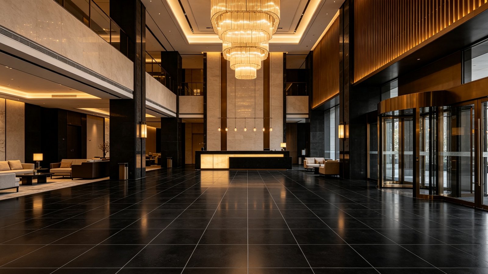 Black accent wall tile backdrop with marble veining and linear lighting