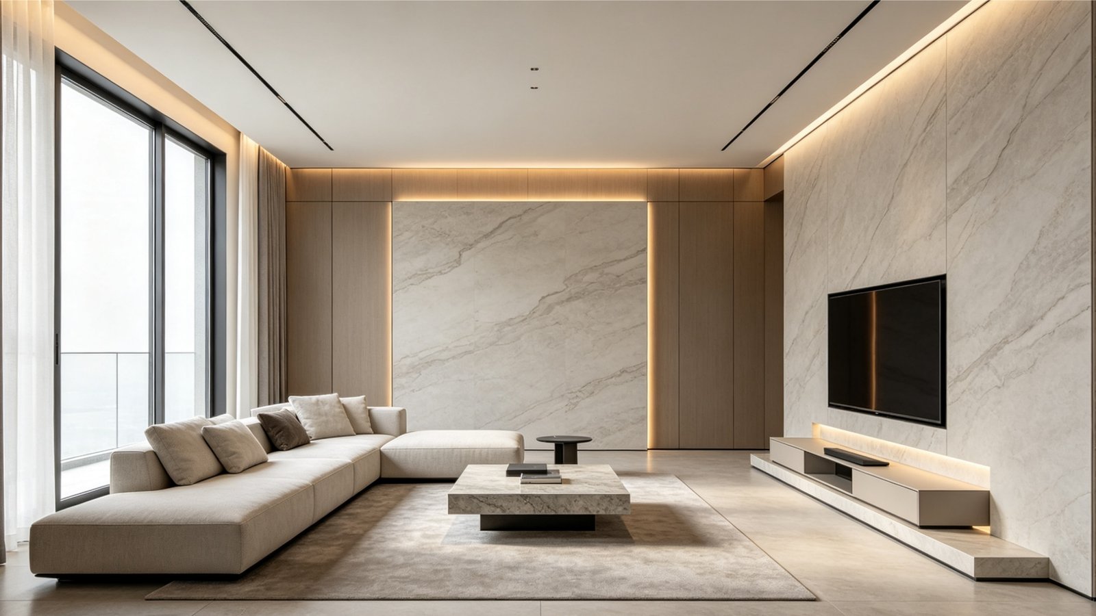 Seamless porcelain panels installed in a modern interior showing reduced grout line tile layout