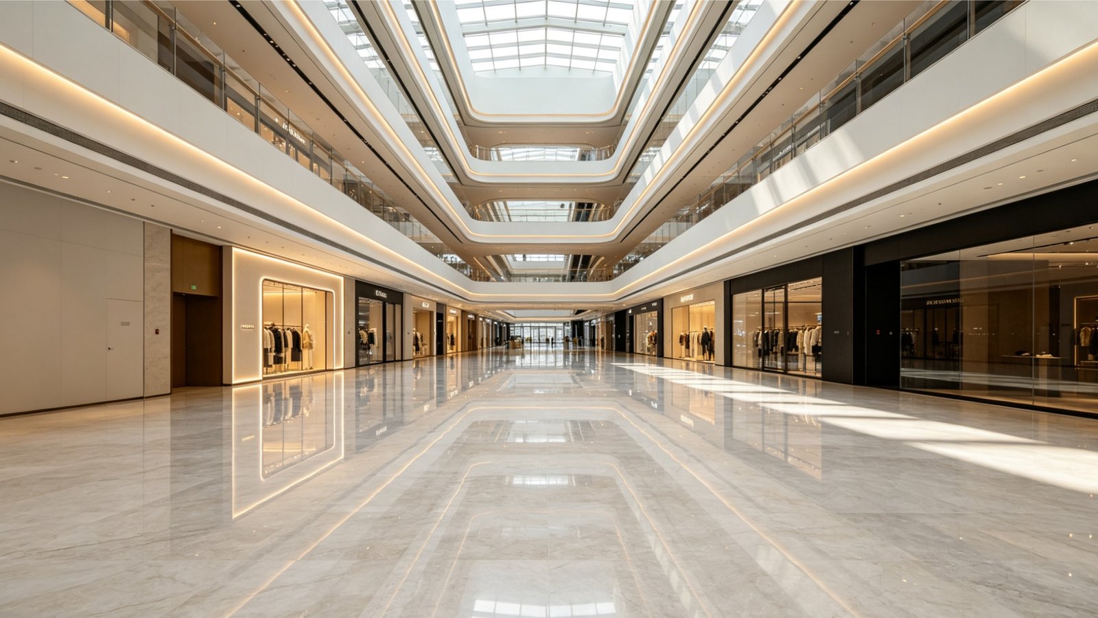 Shopping mall main concourse paved with commercial porcelain slabs