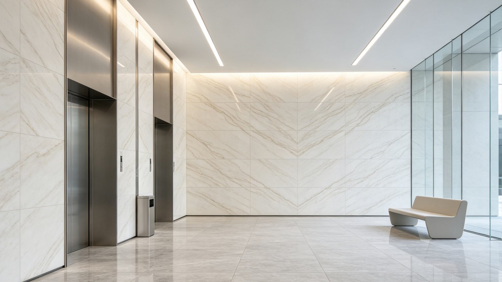 Corporate office elevator lobby wall with porcelain wall panels