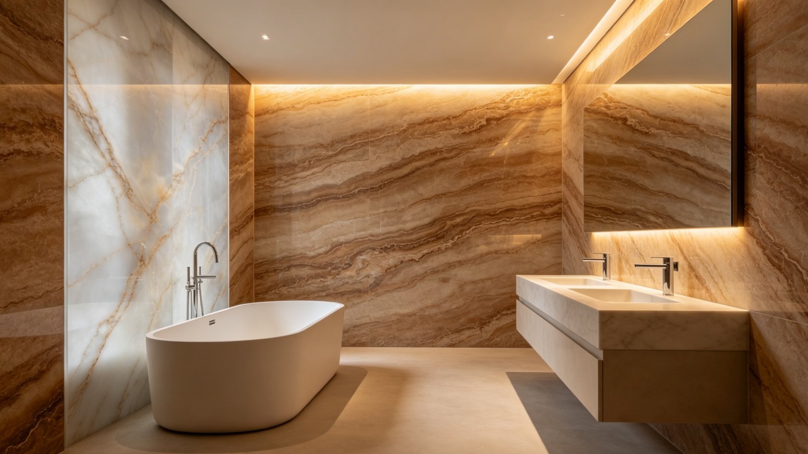 Soft gloss satin Emperador and Onyx style porcelain tile surface finish