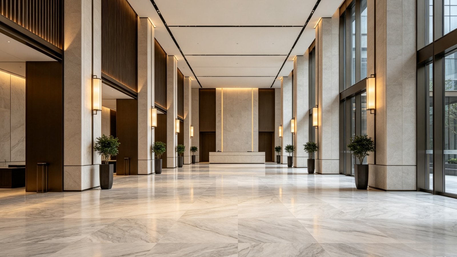 High-traffic hotel lobby with polished commercial marble porcelain flooring by YASIQI