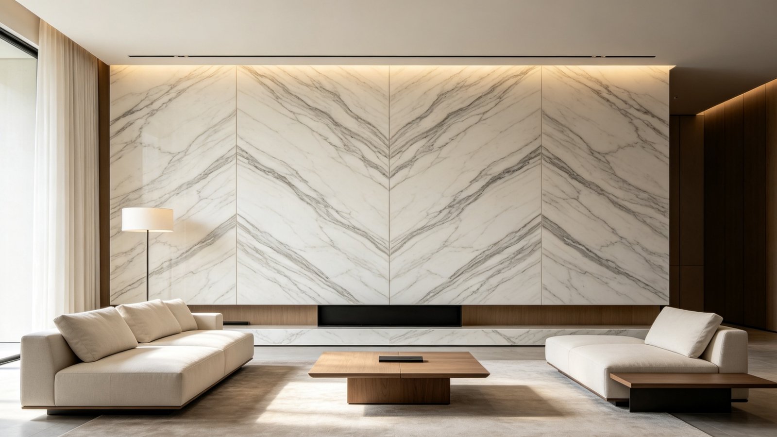 Upscale villa living room featuring book-matched luxury interior tiles on accent wall