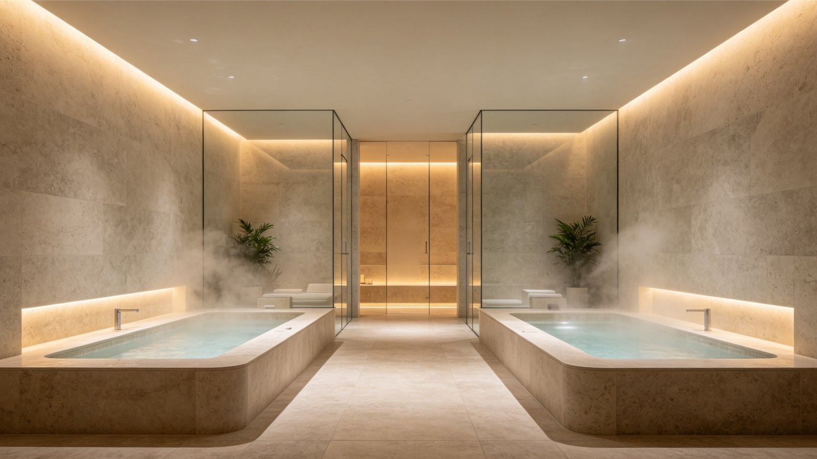 Luxury spa bathroom floor and wall installation featuring non-porous marble look porcelain tiles