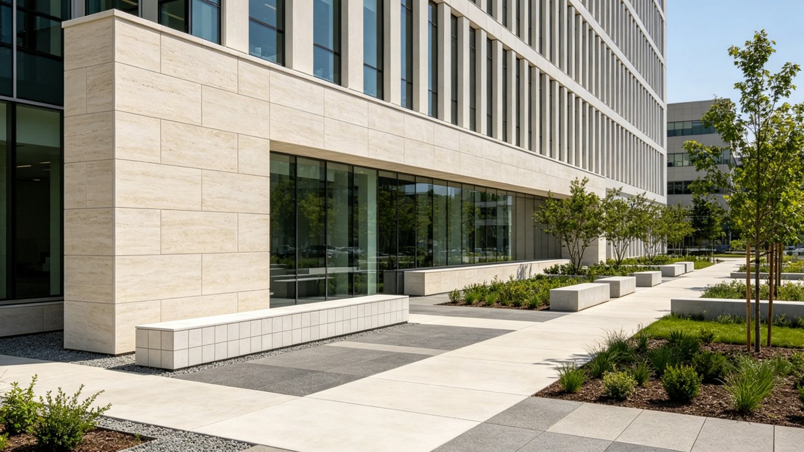 Heavy-duty outdoor porcelain pavers and flexible stone exterior facade panels