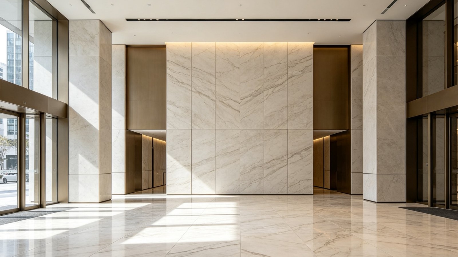 Large-format porcelain slabs and book-matched marble tiles in a hotel lobby