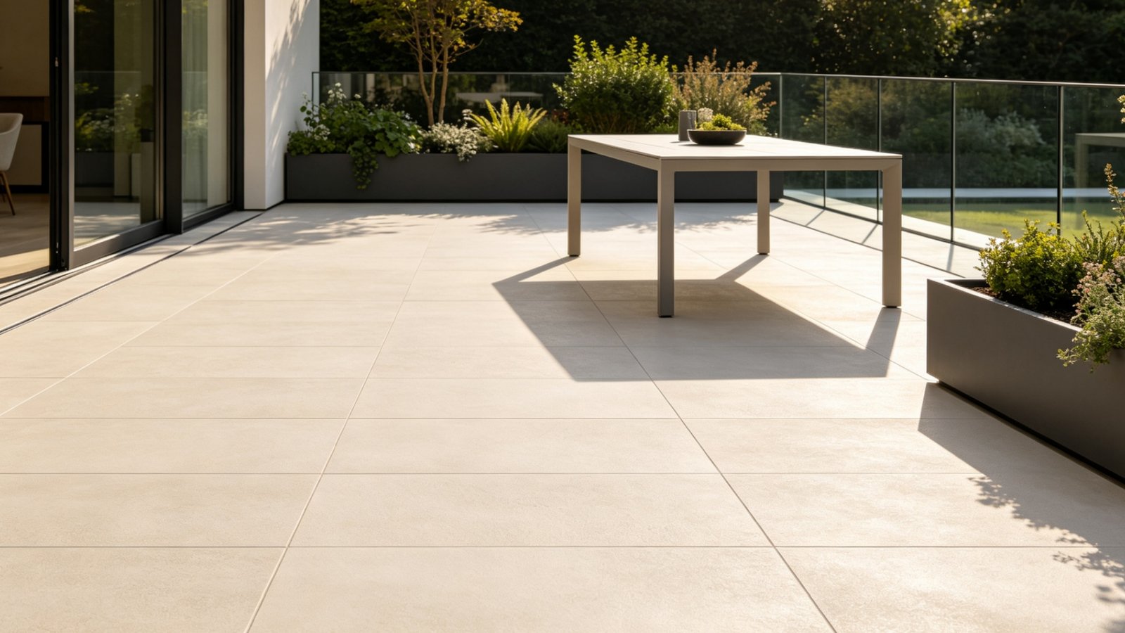 Cross-section diagram of YASIQI 20mm anti-slip outdoor porcelain tile highlighting the anti-slip surface texture, vitrified shield, dense core, and load-bearing base