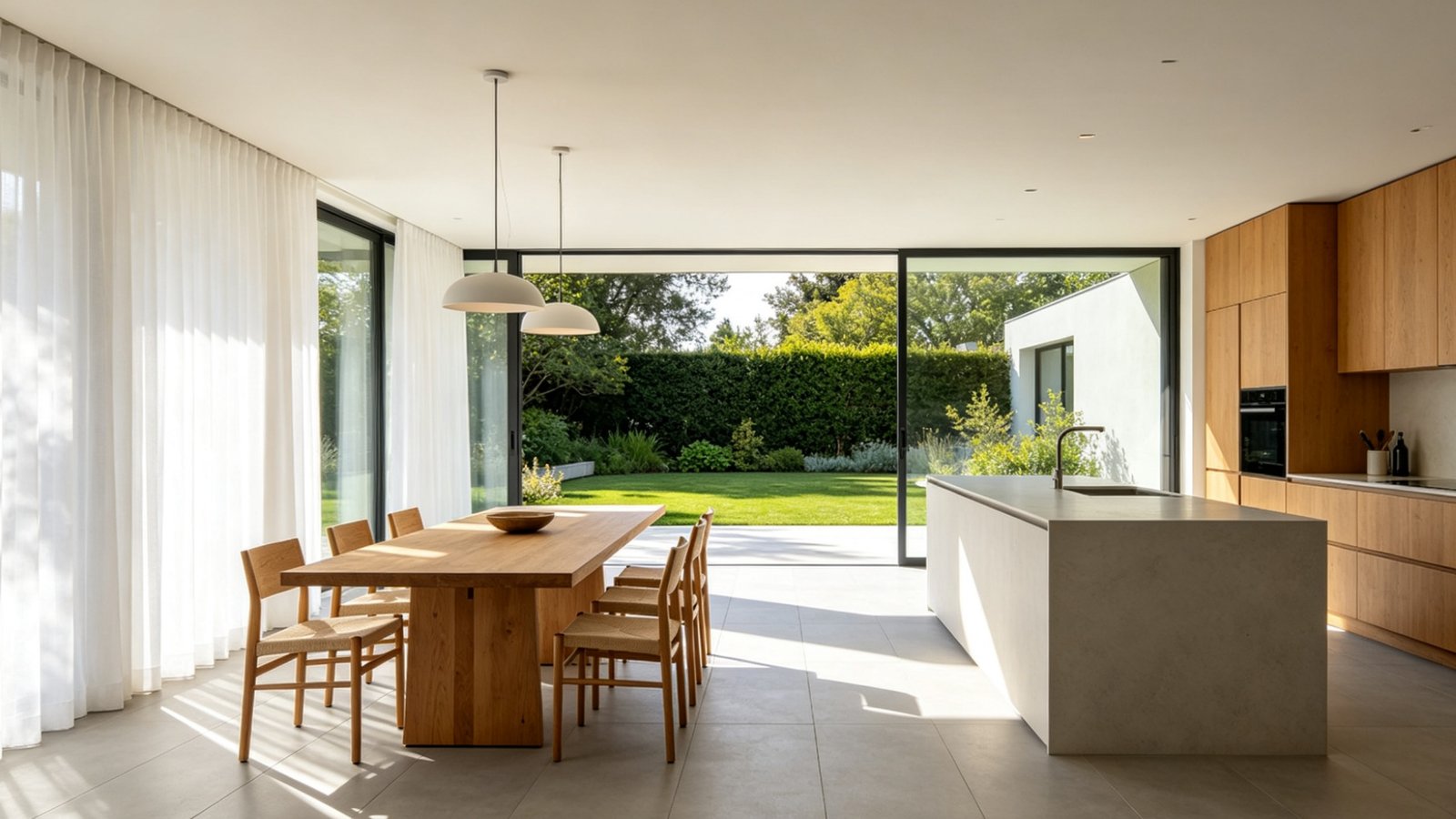 Luxury residential porcelain floor tiles in modern living room and patio transition