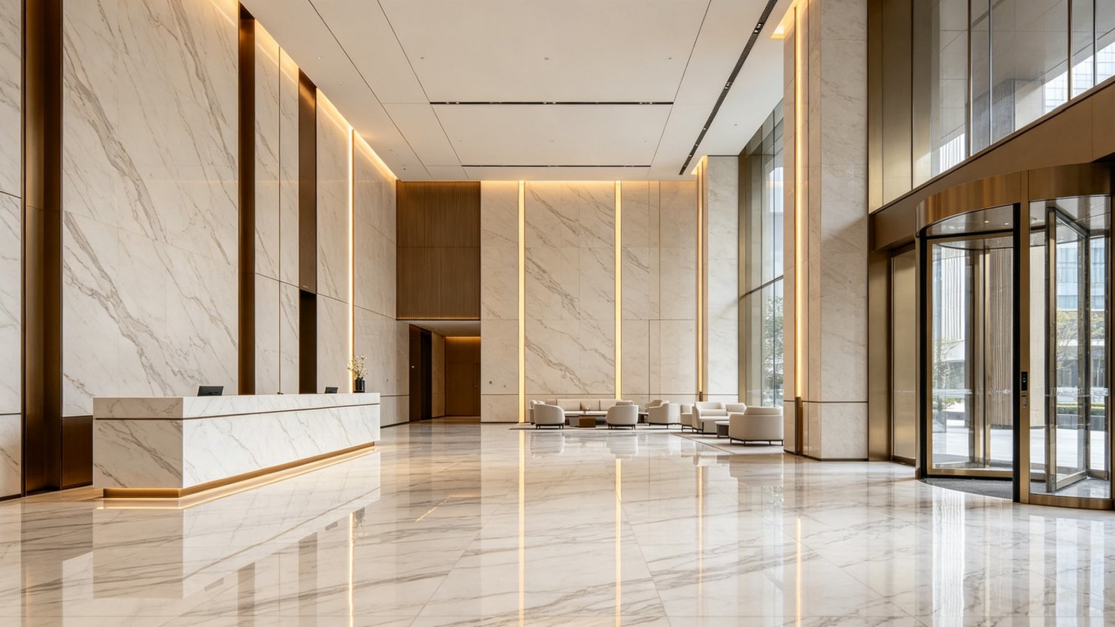 Large-format polished marble porcelain tiles installed in a high-traffic hotel lobby