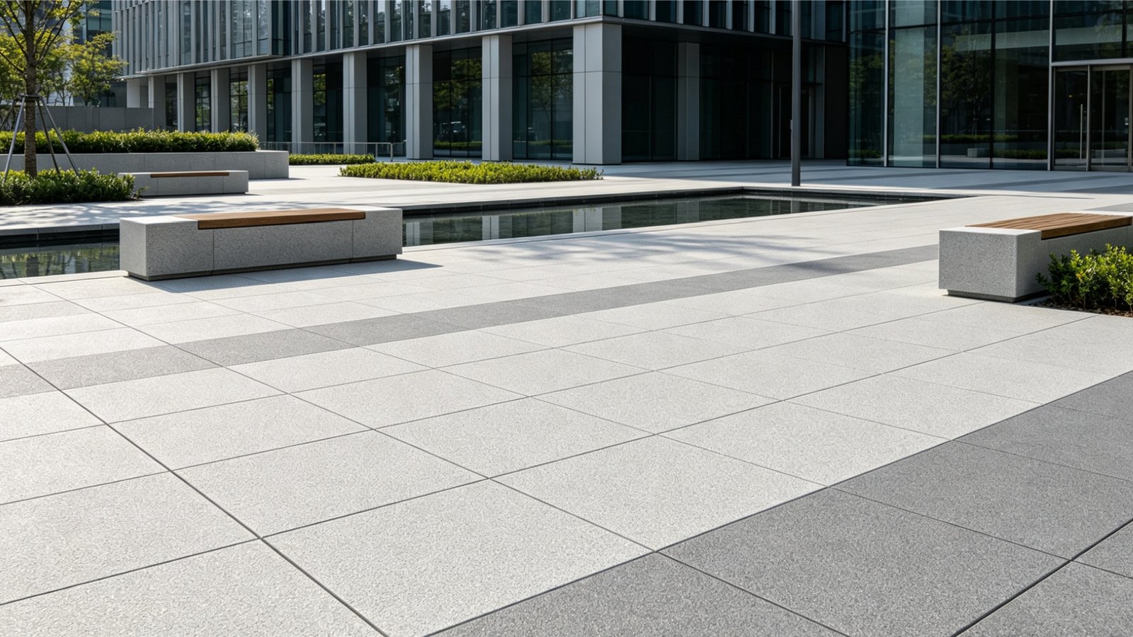 Frost-resistant 20mm porcelain pavers installed on an outdoor plaza and ventilated building facade