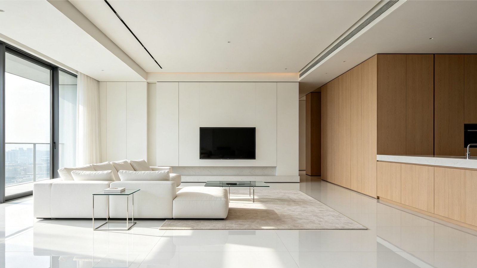 Minimalist living room floor featuring large format bright white porcelain tiles