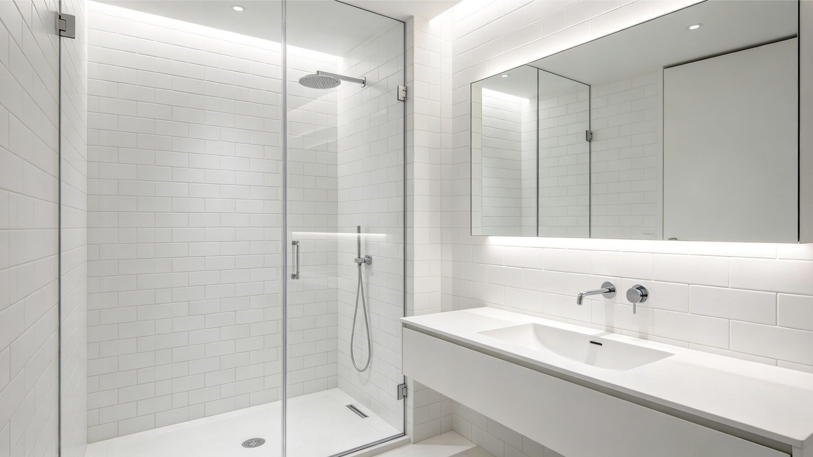 Modern bathroom walls and shower enclosure using white porcelain bathroom tiles