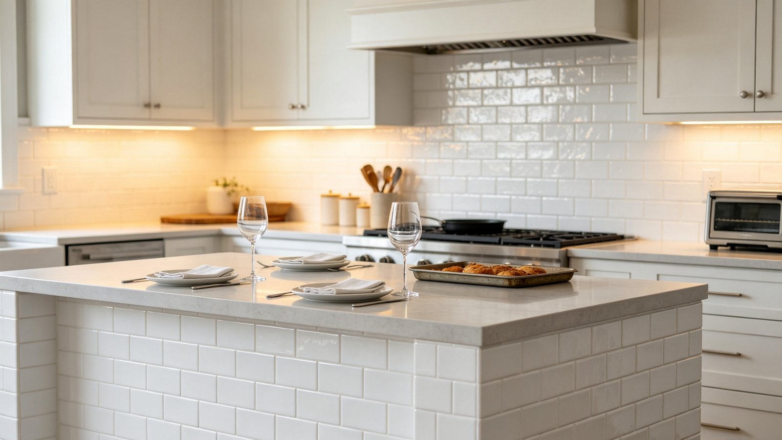 Modern kitchen backsplash and heat resistant countertop clad with pure white porcelain slabs