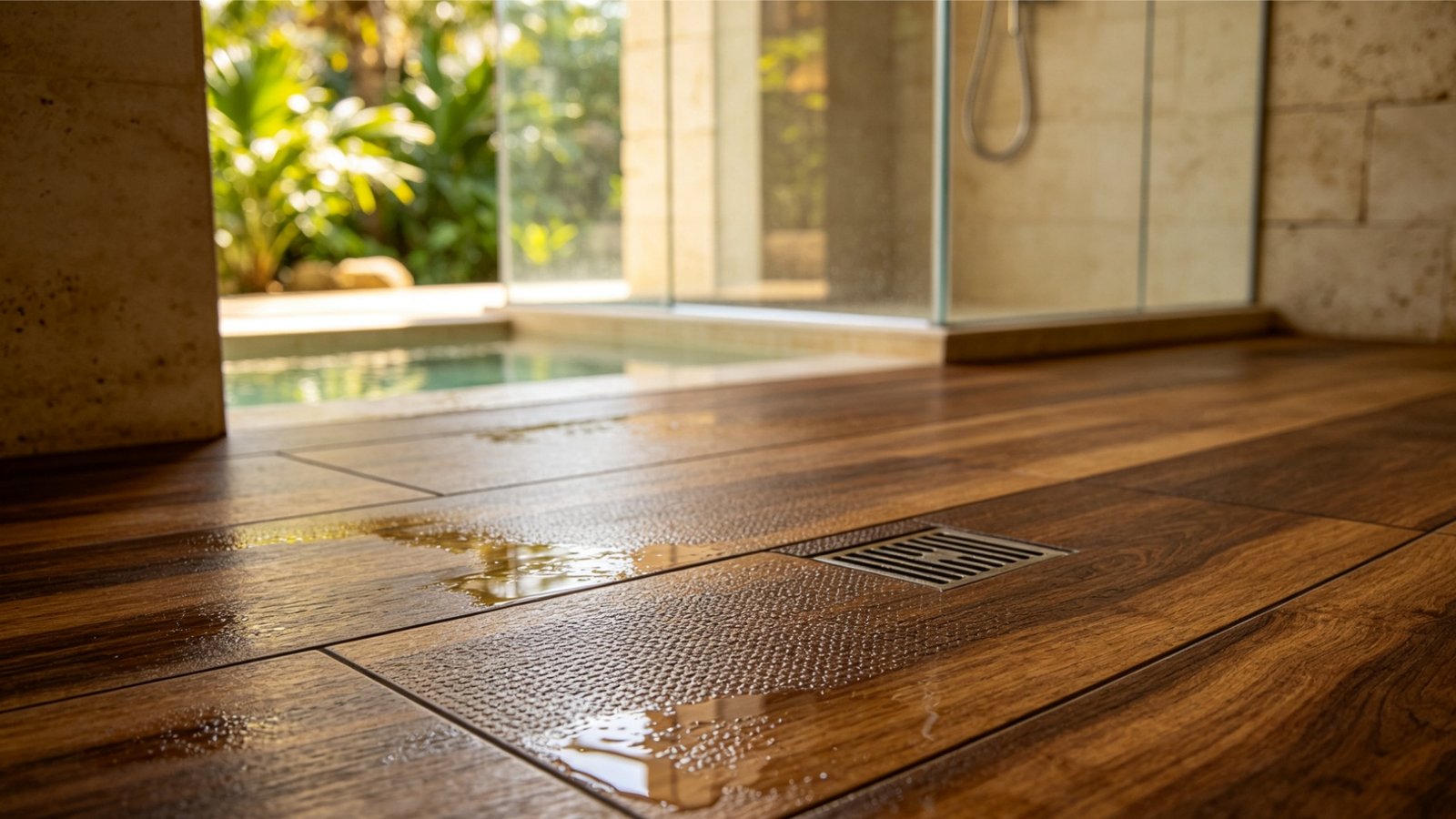 Waterproof bathroom wood look tiles installed in a luxury resort spa and wet room environment