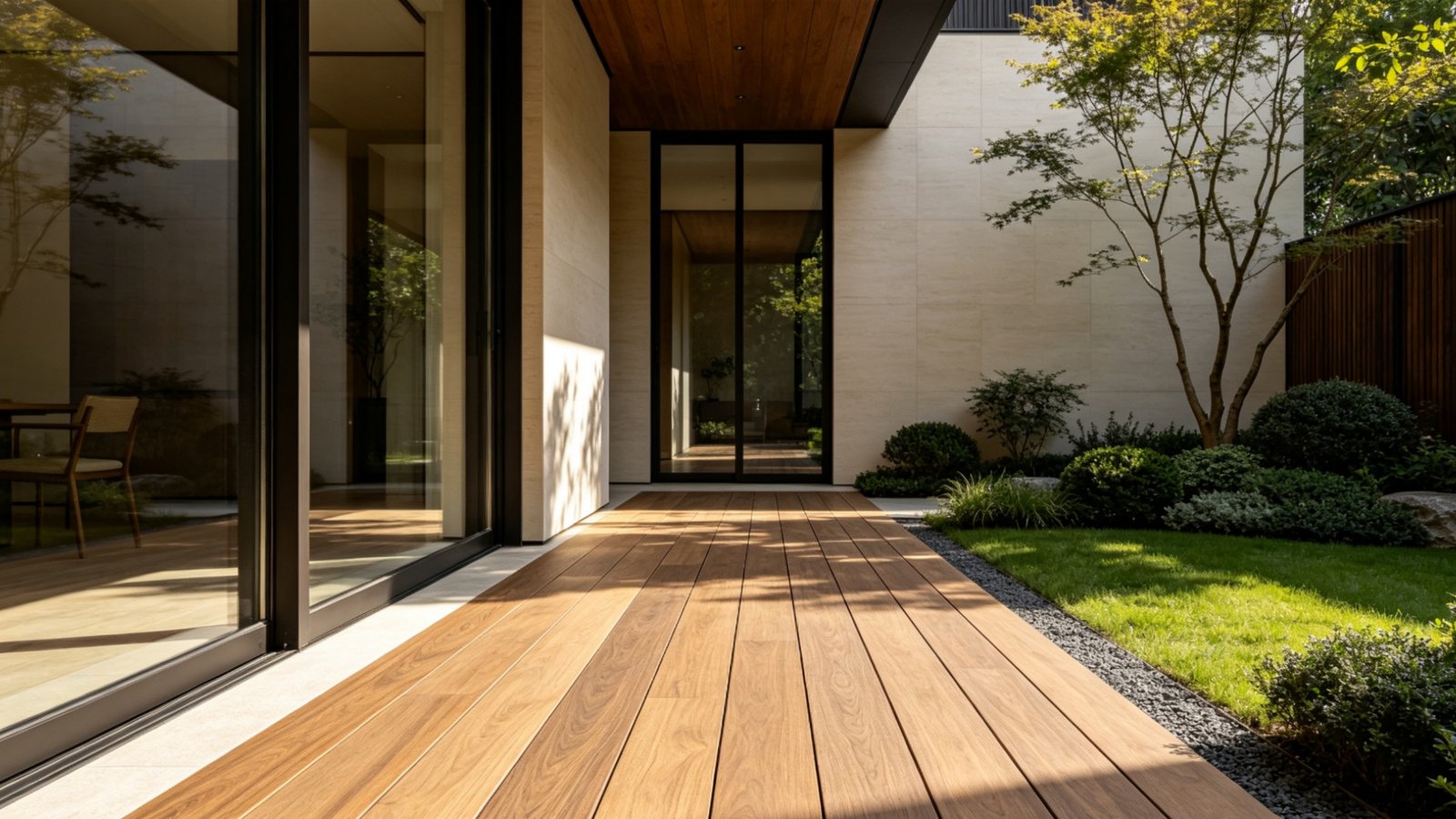 Weatherproof wood effect tile application on a modern commercial outdoor terrace and balcony