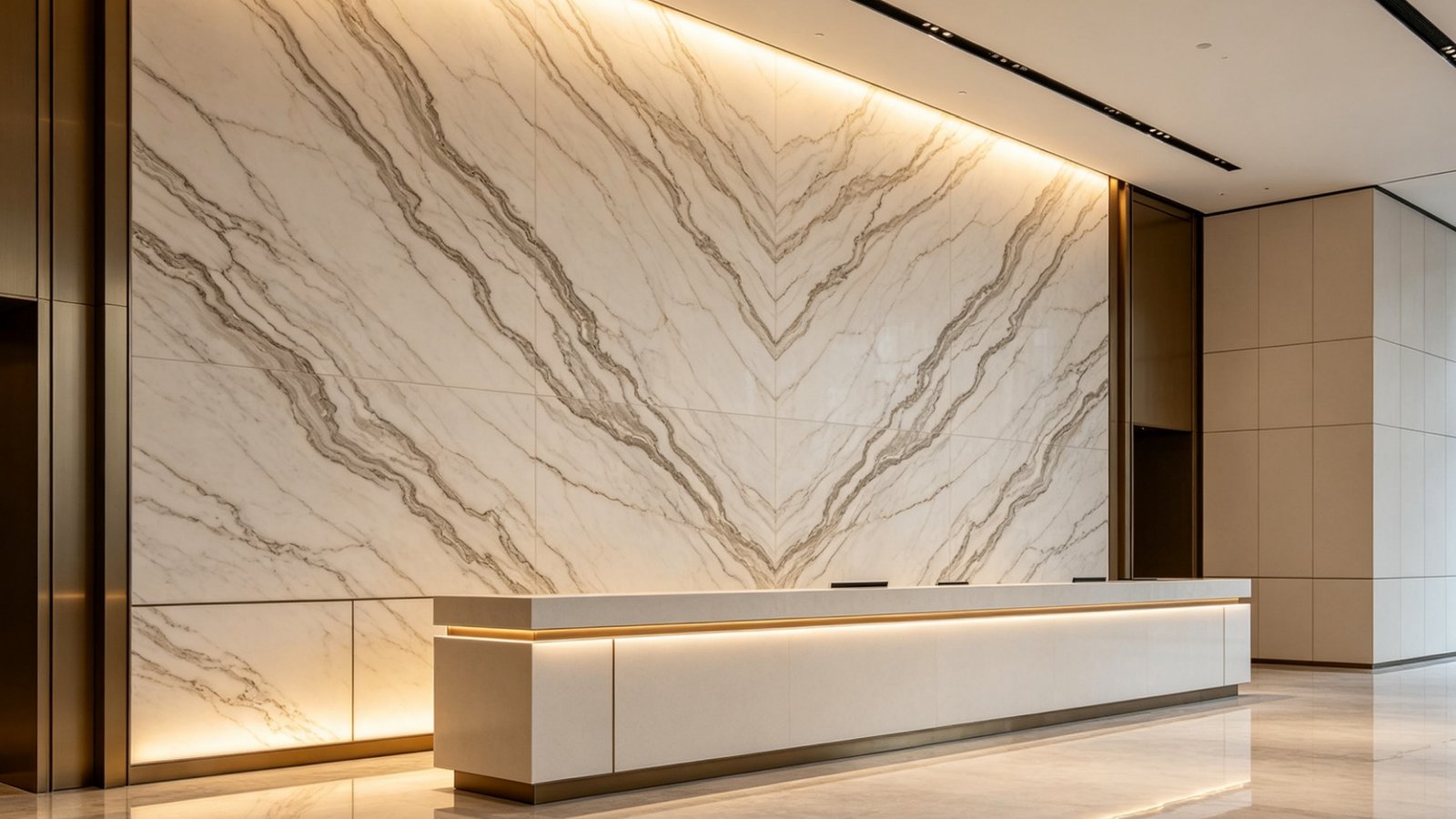 Hospitality surface materials featuring marble-look tiles and interior decorative wall panels