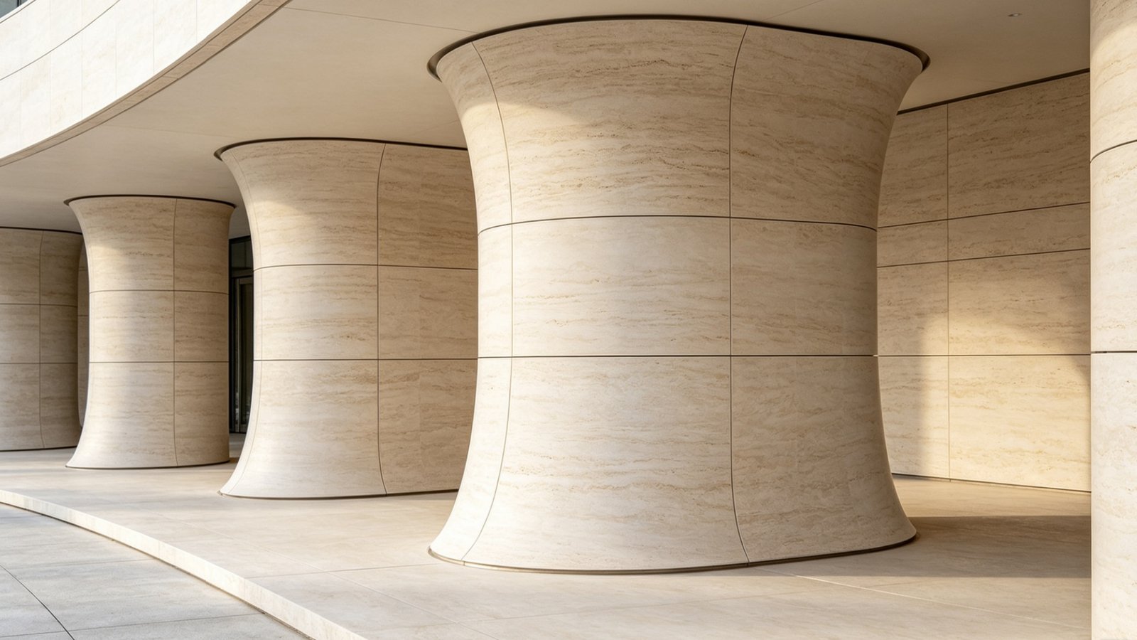 Flexible stone cladding installed on curved building facades and exterior architectural walls