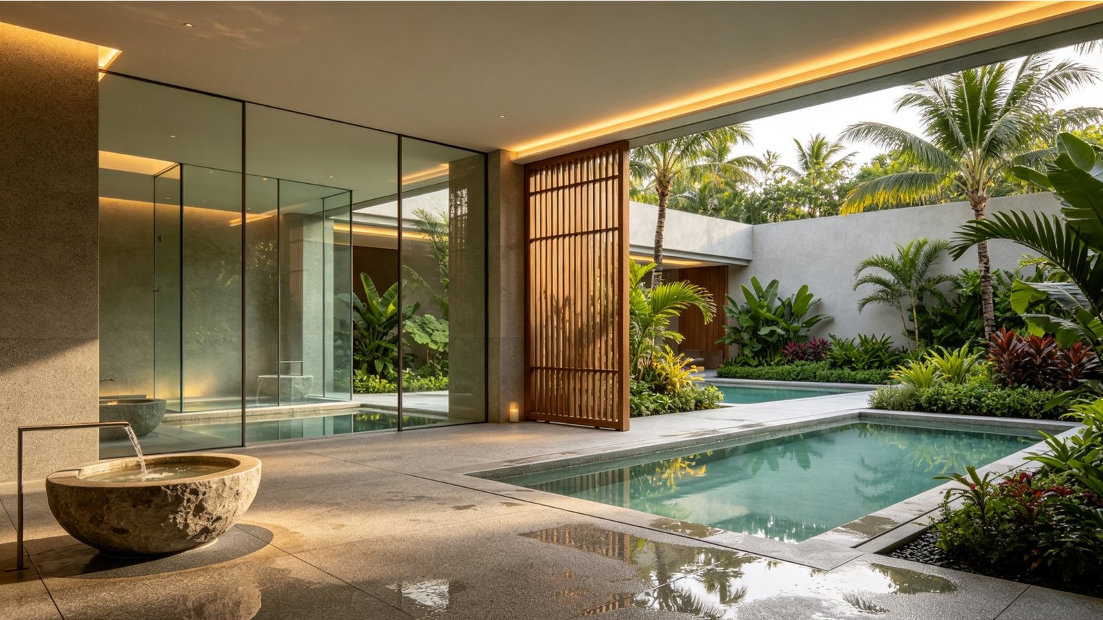 Pool deck paving featuring anti-slip exterior porcelain tiles