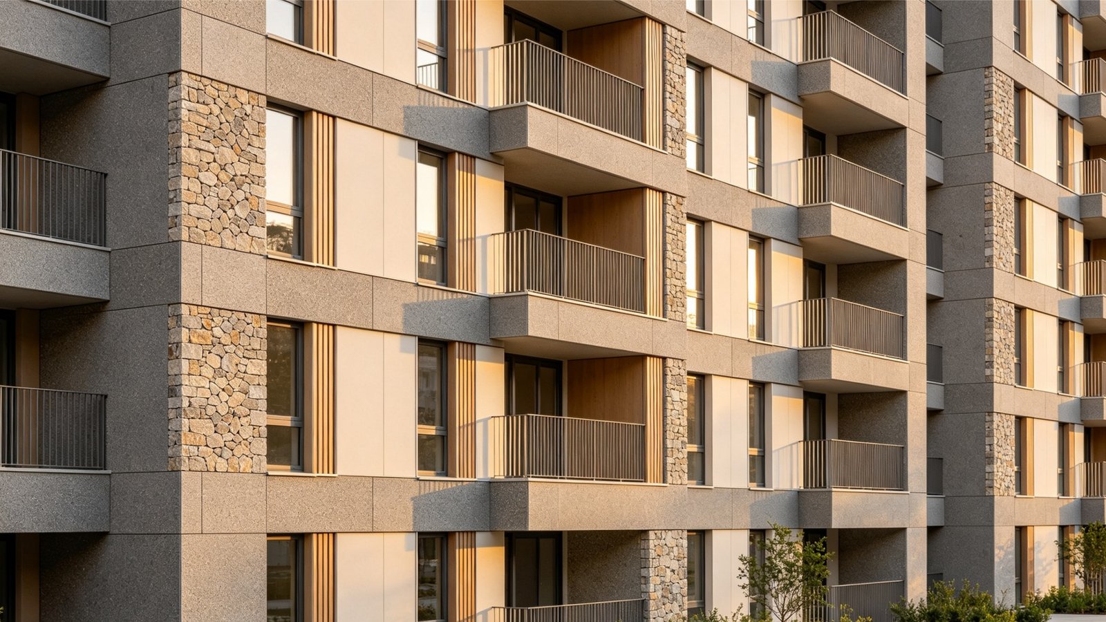 Exterior facade panels mounted on commercial building elevation