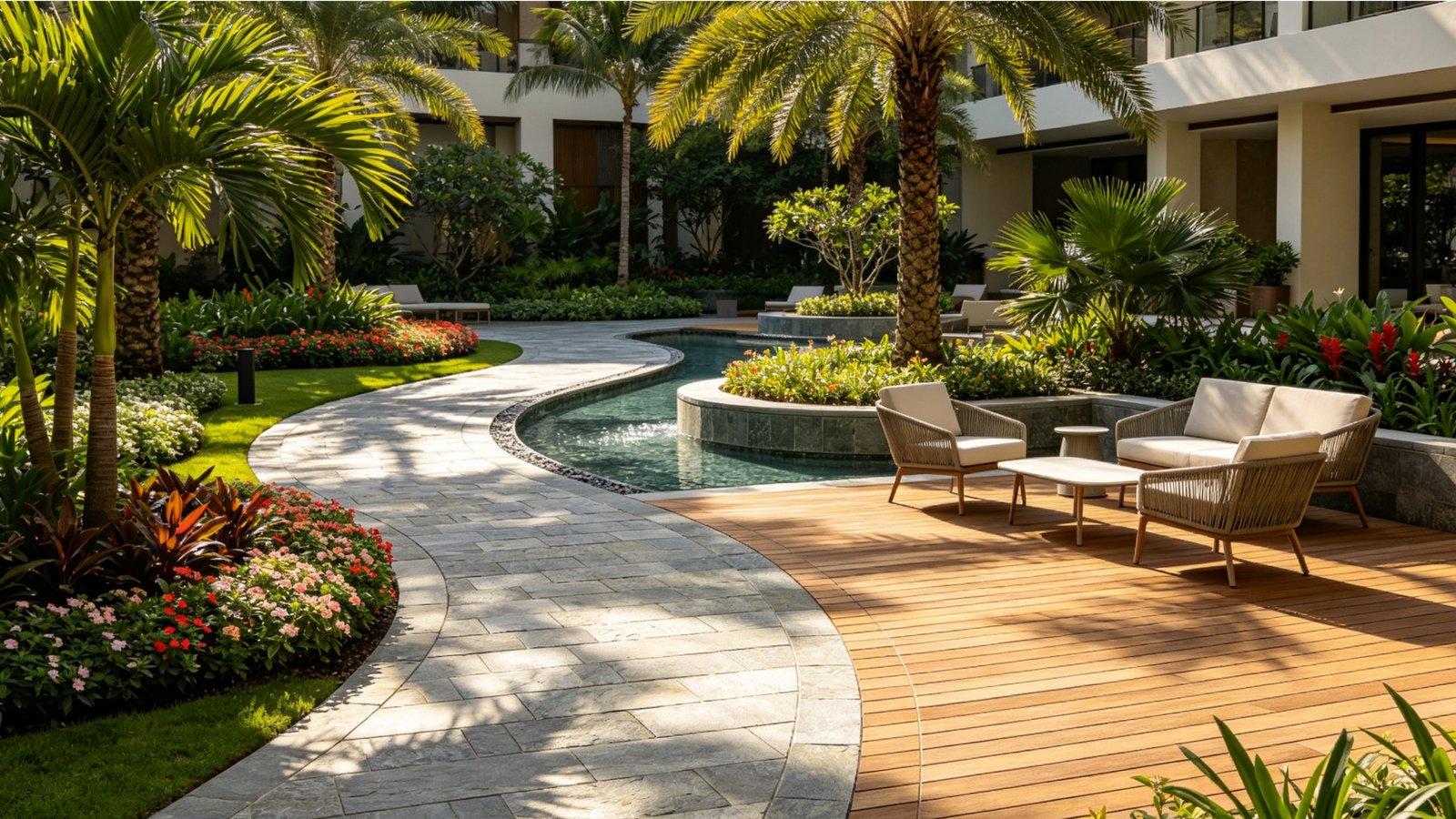 Wood-Look and Stone Texture Outdoor Porcelain Tiles for Pool Decks