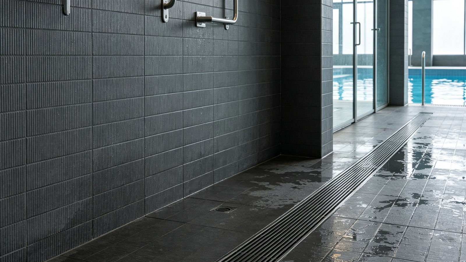 Commercial shower tiles in gym and public spa wet area