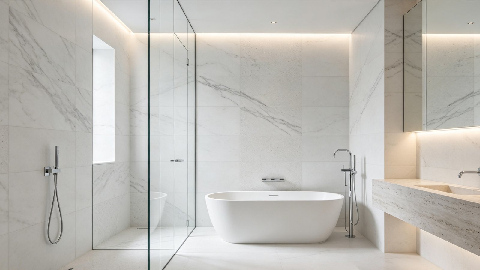 Statuario White textured porcelain shower tile design
