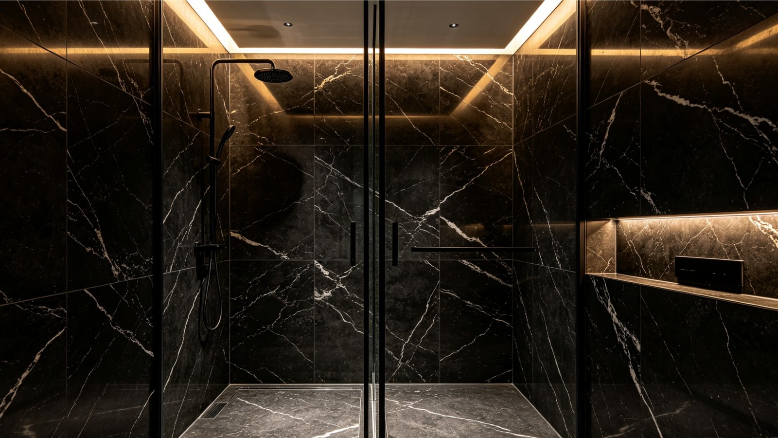 Nero Marquina textured porcelain shower tile