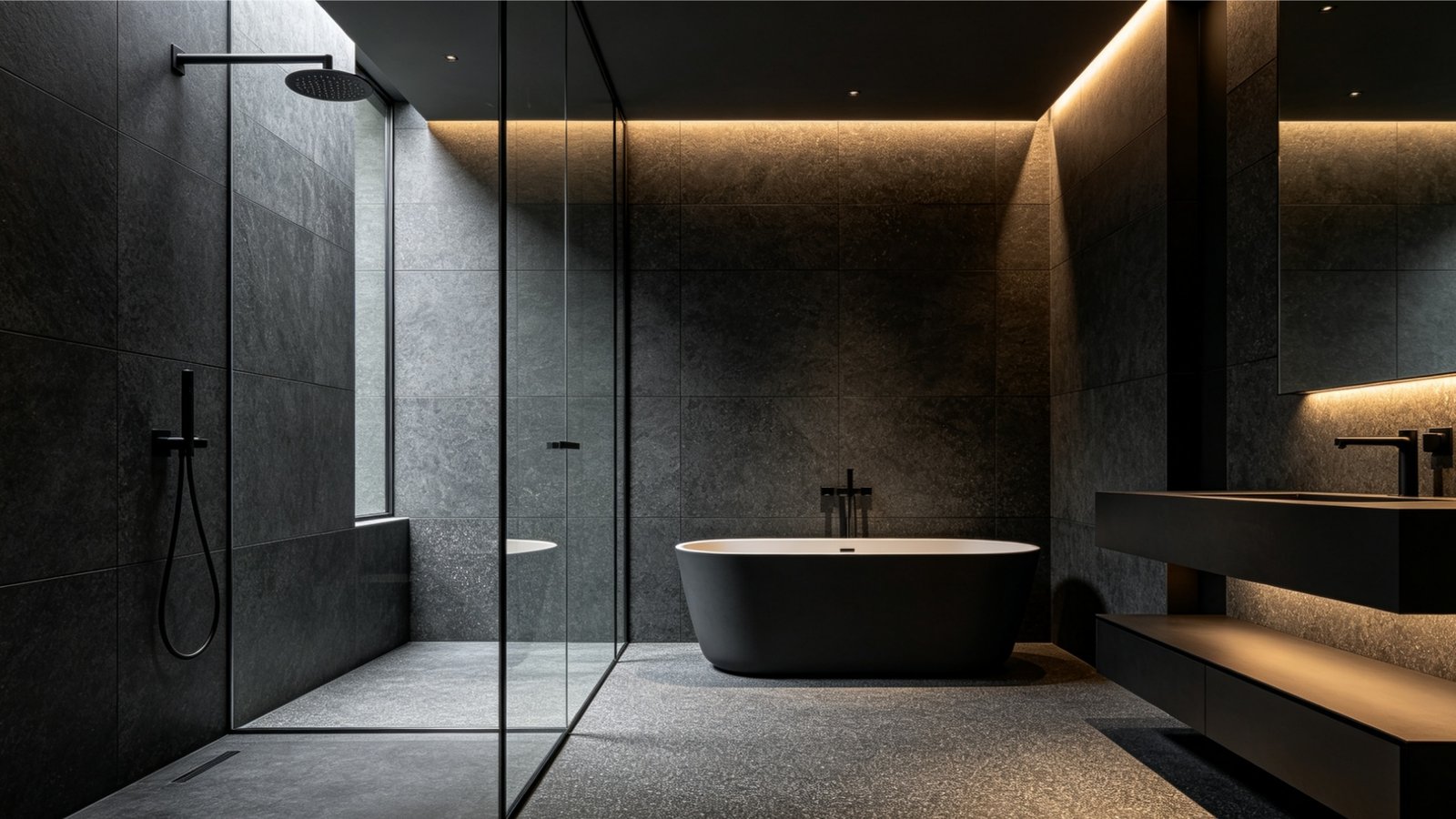 Basalt Charcoal natural stone textured shower tile