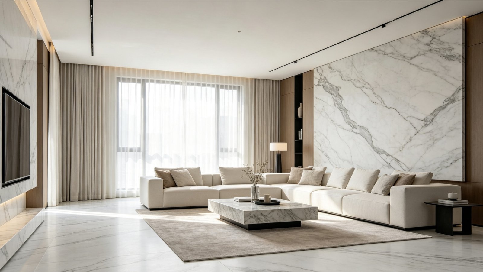 Marble look porcelain tiles and large format slabs for luxury living rooms