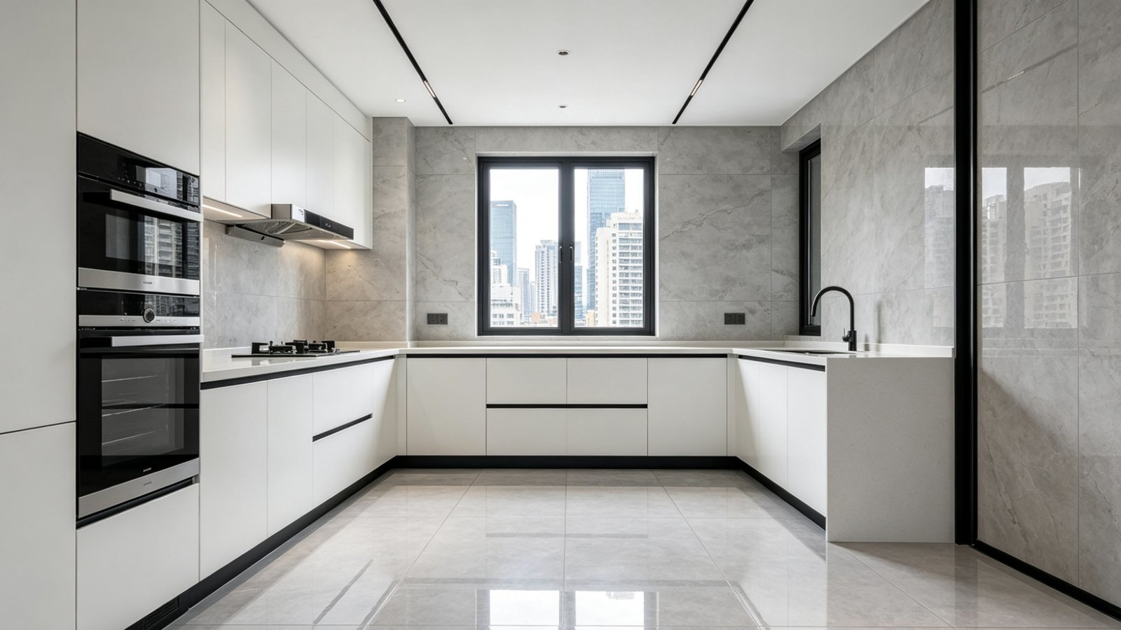 Urban apartment tile supply showing glazed porcelain kitchen flooring and wall slabs