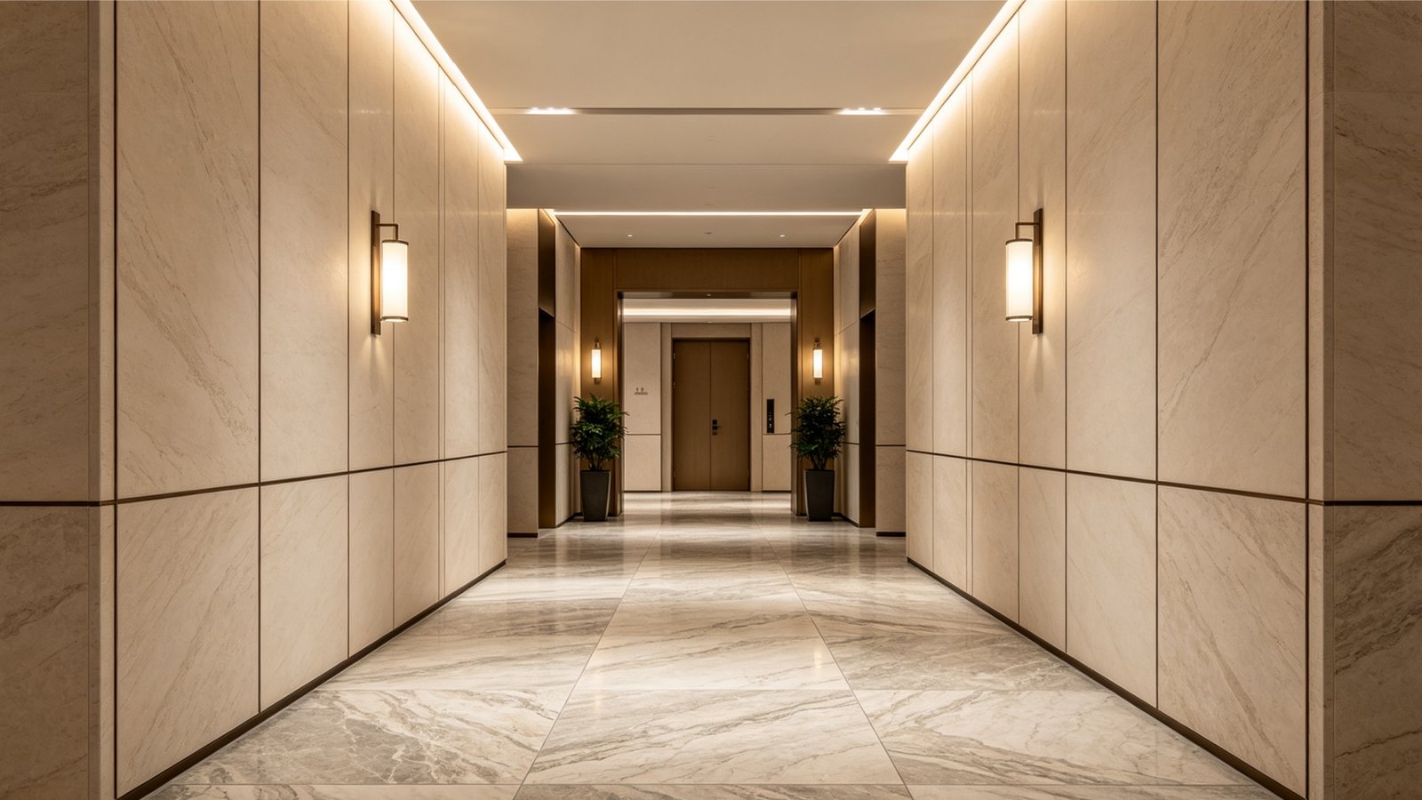 Hospitality tile sourcing featuring continuous book-matched marble slabs and decorative wall panels