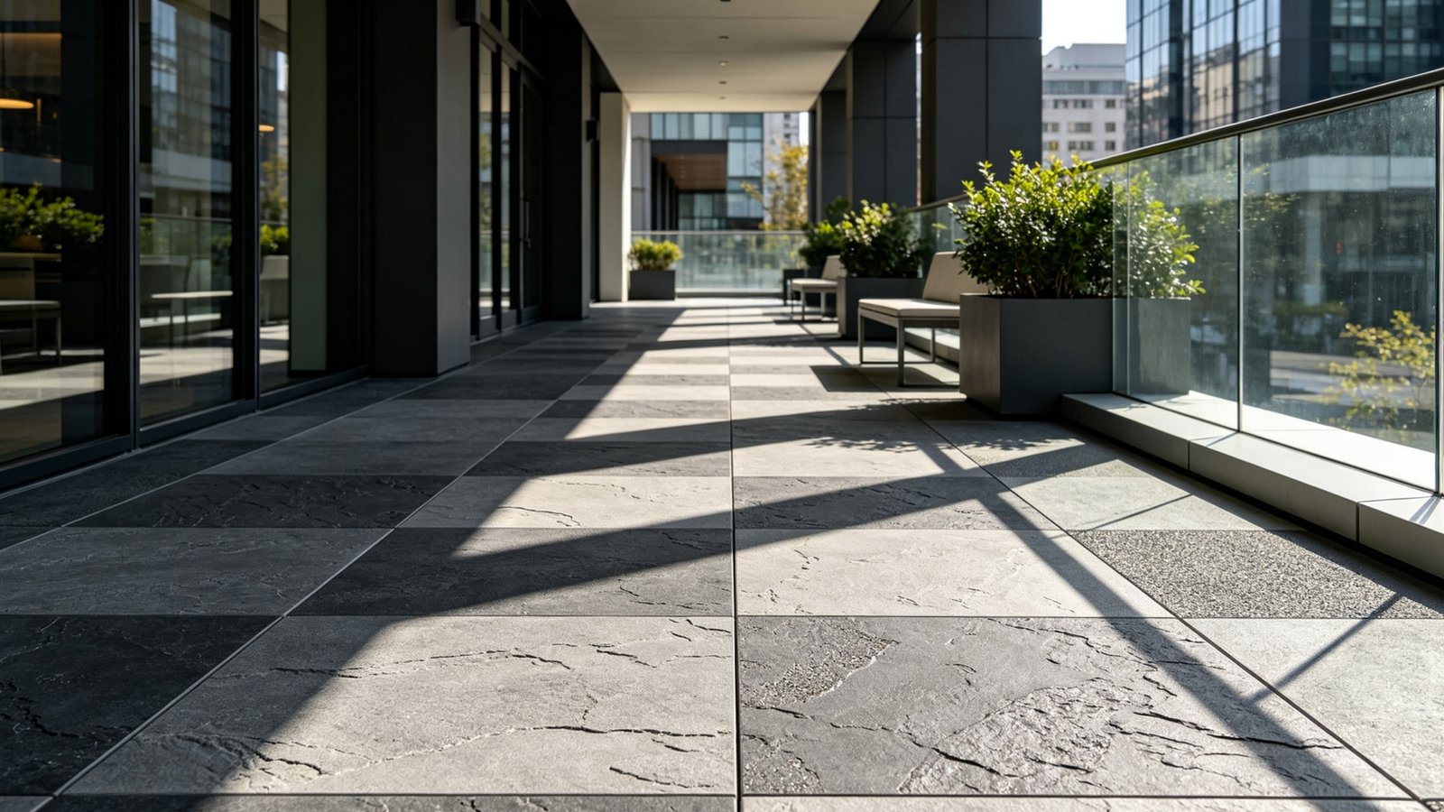 Textured outdoor tile finishes engineered with relief stone grain for anti-slip safety
