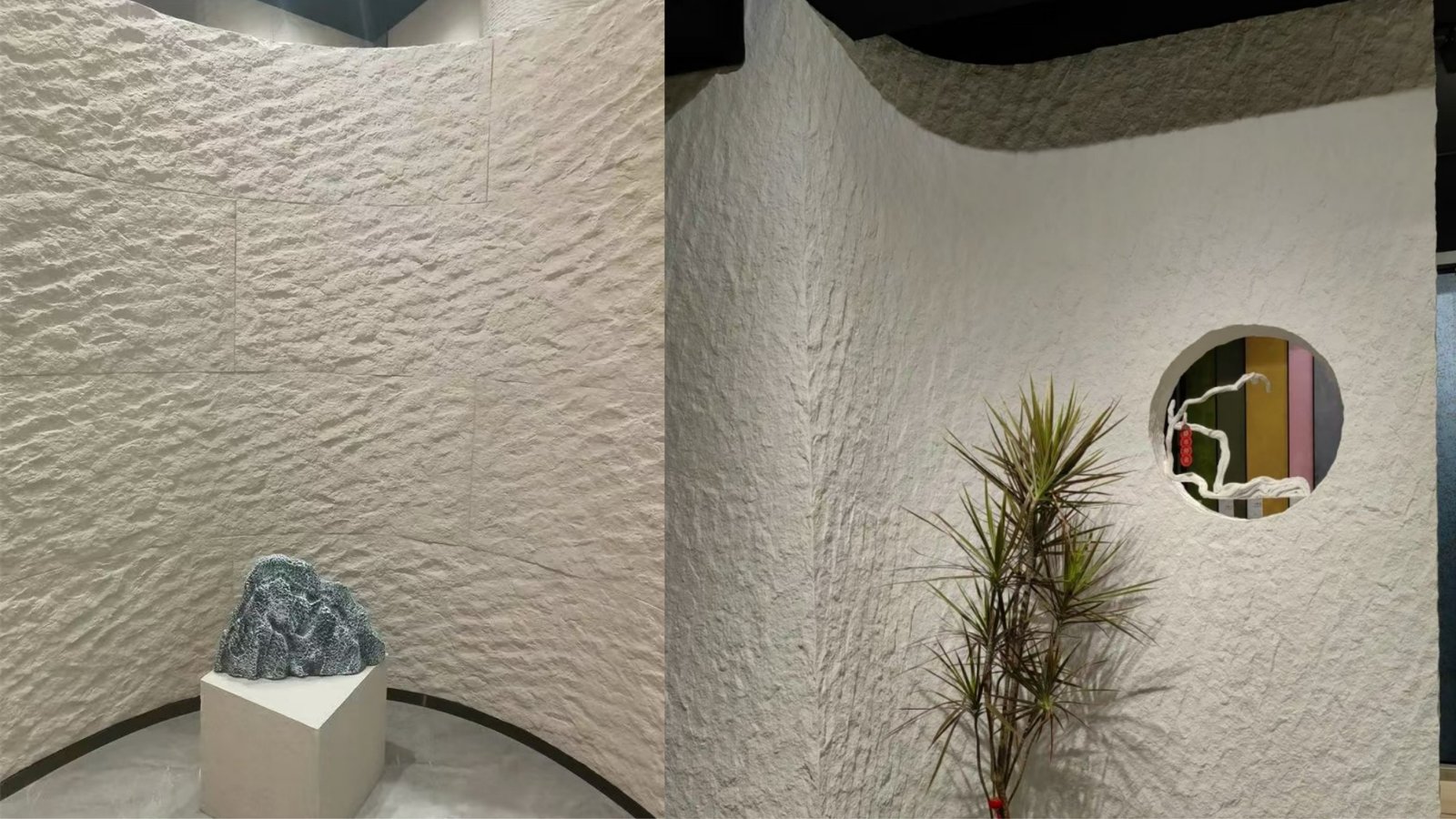 YSQCERA flexible stone veneer applied to curved wall stone and architectural retrofitting exterior cladding